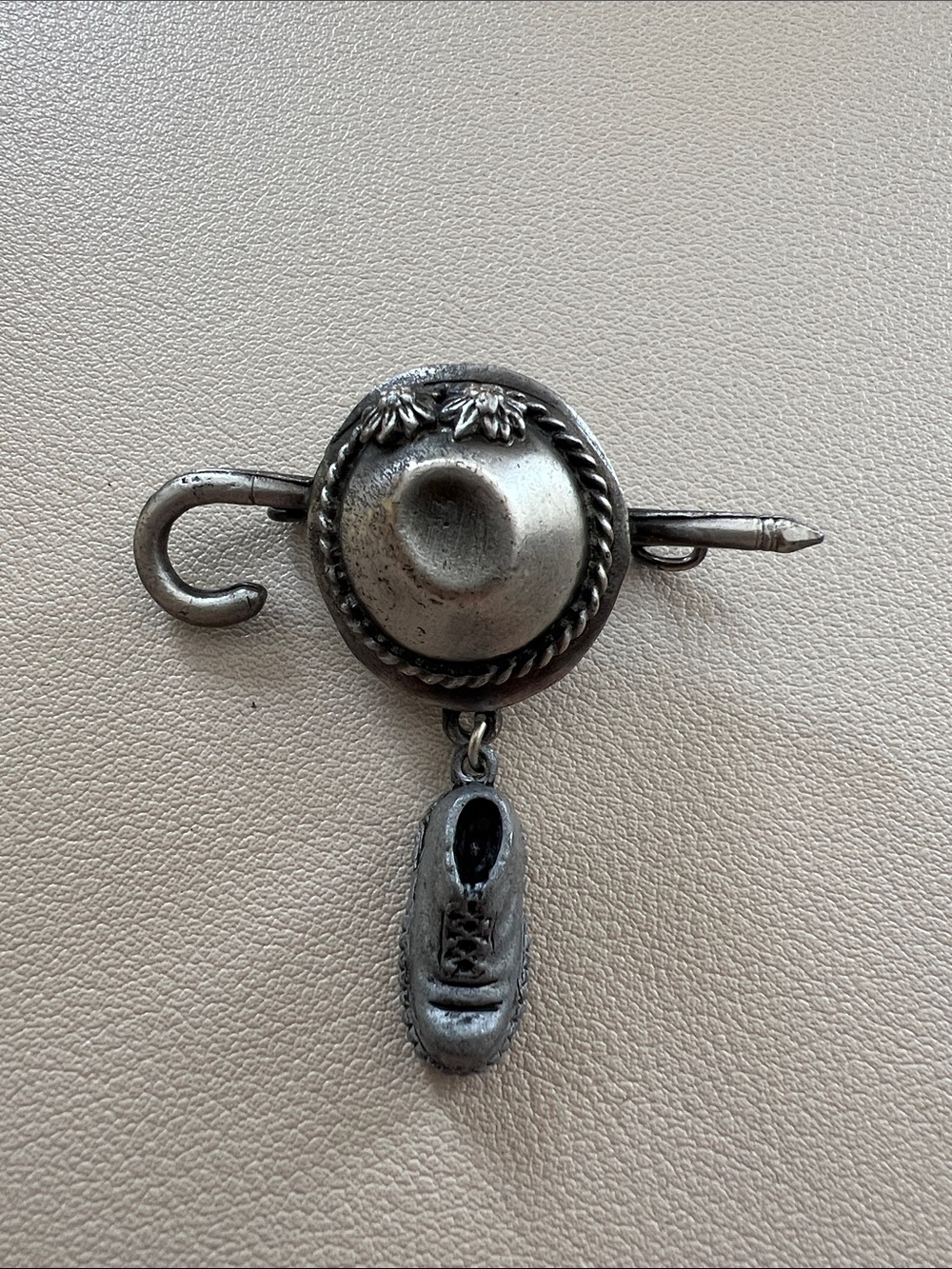 Vintage West Germany Pewter Bavarian Cap Cane Shoe Dangle Brooch Pin Edelweiss